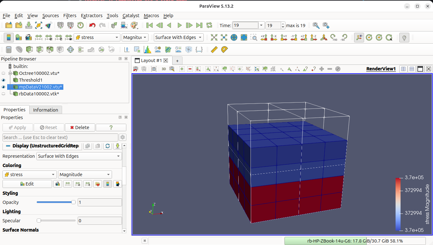 Final deformed cube with the displacement bands aligned with the uniform mesh layers.