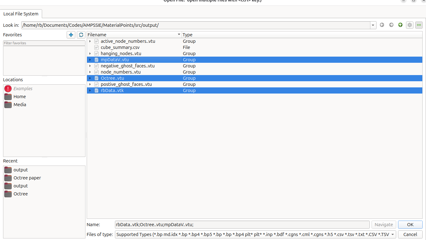 Open File dialog with all three datasets selected.