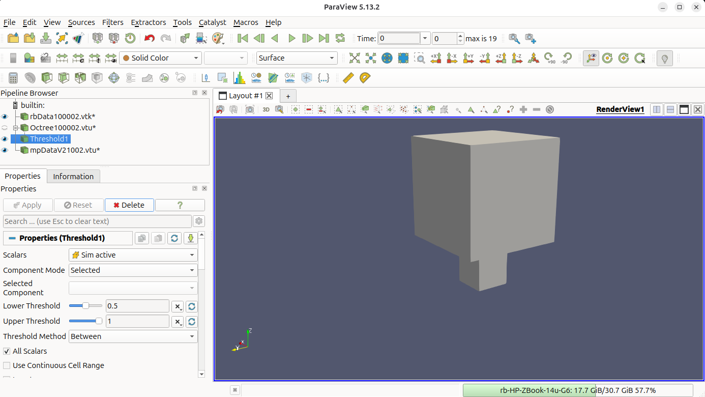 All three datasets loaded; the rigid cube sits on top of the deformable cube.