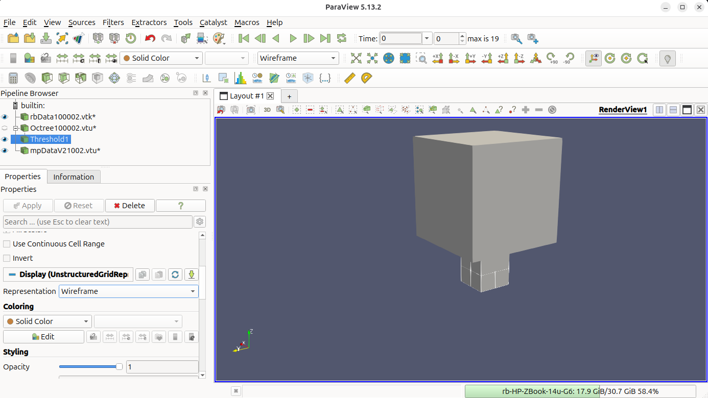 Threshold filter on the Octree mesh, keeping only the active cells.