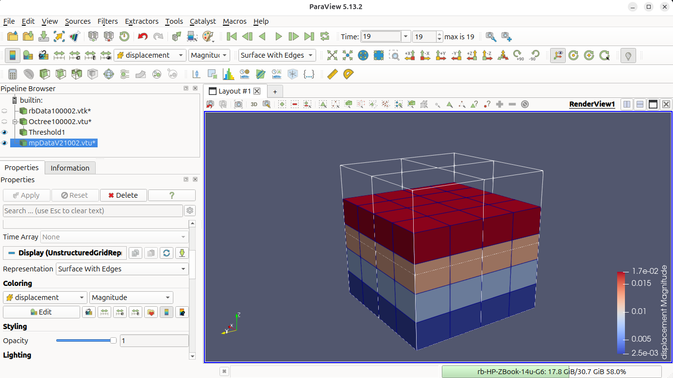 Final step with the rigid cube compressed into the deformable cube and the displacement field rescaled.