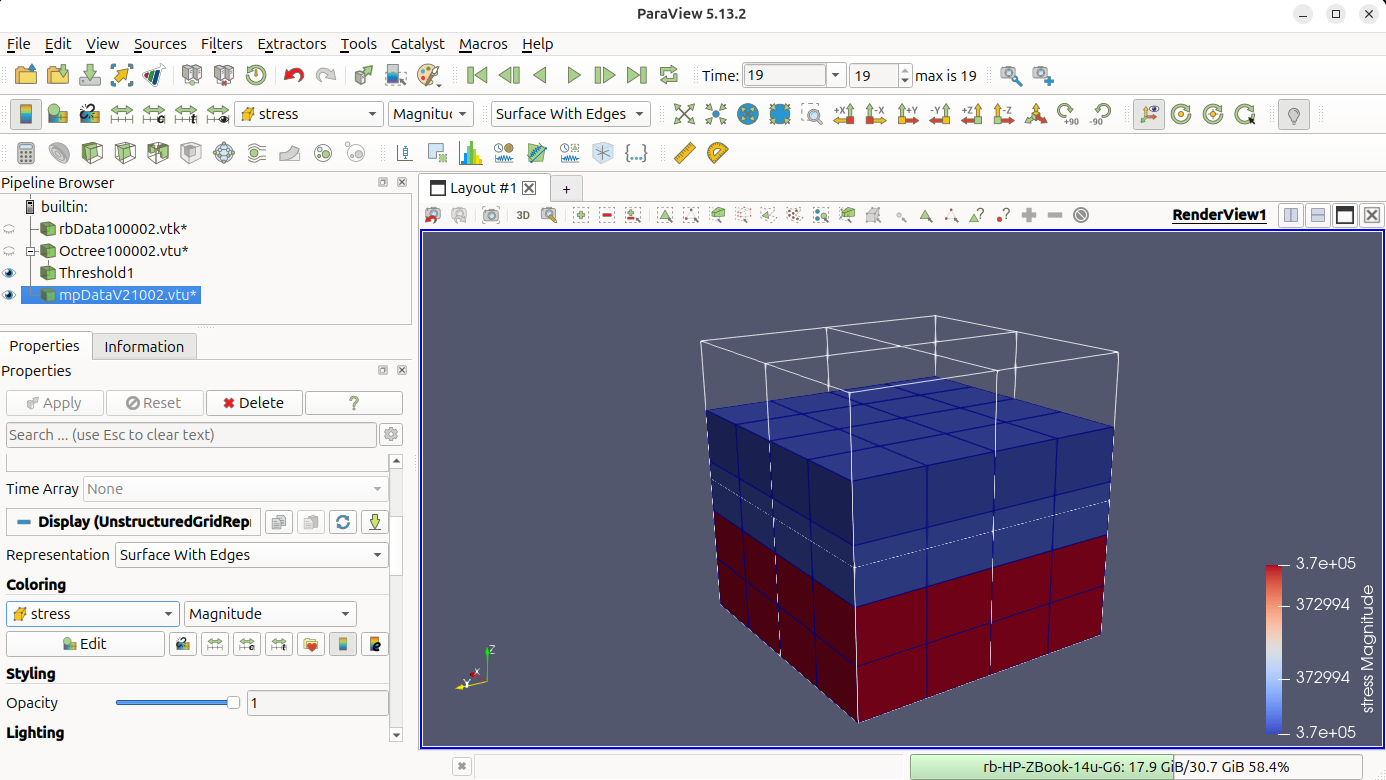 Deformable cube alone after hiding the rigid body, showing the banded displacement field.