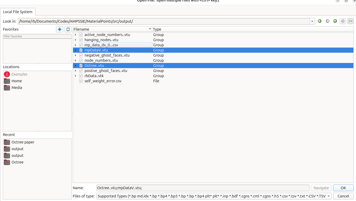 Open File dialog with mpDataV..vtu and Octree..vtu selected from the output directory.