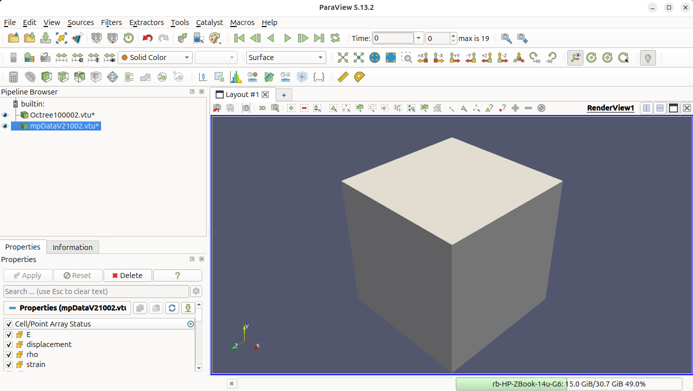 Both VTU files loaded; the solid grey cube is the full mesh domain.