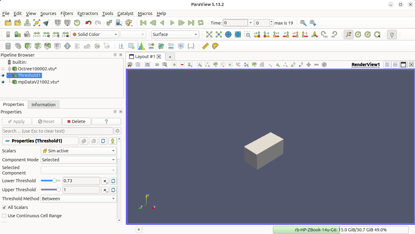 Threshold filter on the Octree mesh, keeping only cells with Sim active between 0.73 and 1.0.