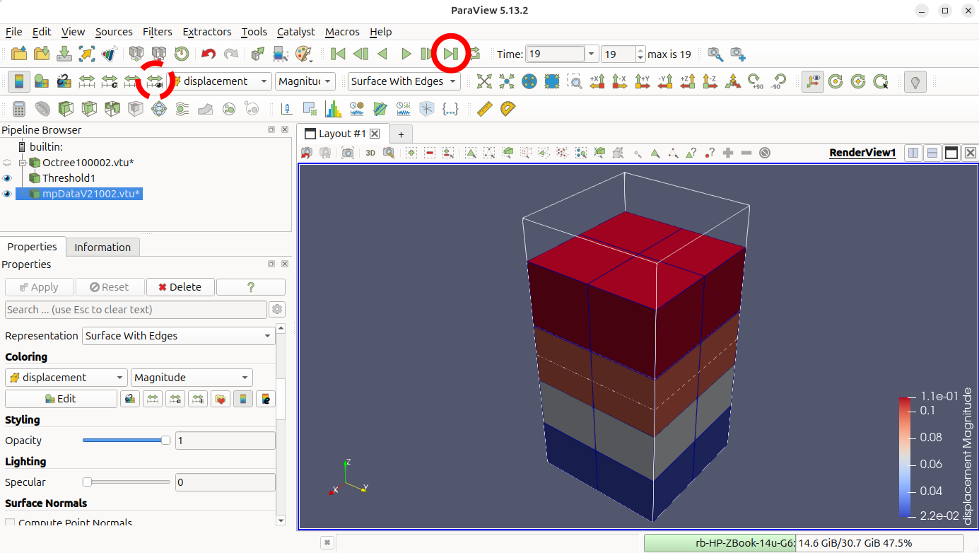 Final vertical displacement visualisation of the deformed column.